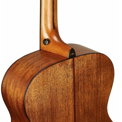 Guitarra acústica em madeira castanha vista pela traseira