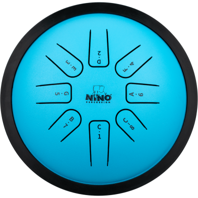 Tambor de aço azul com notas musicais e logo NINO Percussion no centro