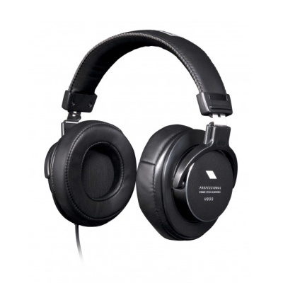 Auricular estéreo profissional preto com almofadas acolchoadas e texto branco