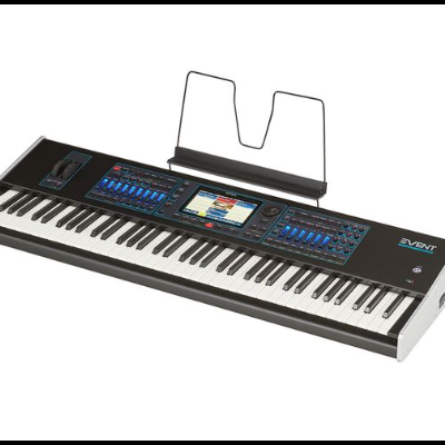 Teclado digital preto com visor e botões azuis e pretos