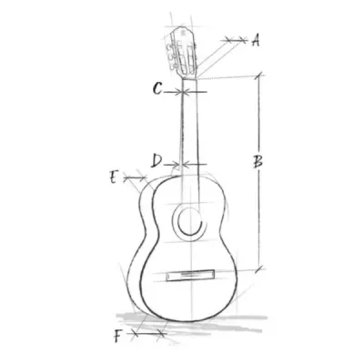 Desenho a lápis de guitarra clássica com marcações de dimensões