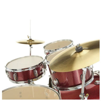 Conjunto de bateria vermelho com tambores e pratos metálicos