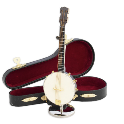 Banjo branco com braço escuro e estojo aberto forrado em veludo vermelho