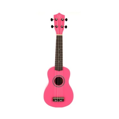 Ukelele cor-de-rosa com braço castanho e quatro cordas