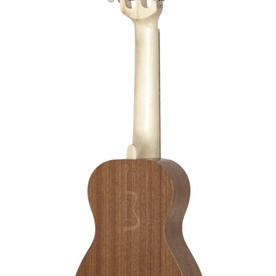 Ukulele visto de costas com corpo castanho e braço claro