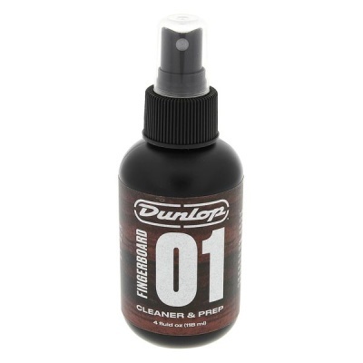 Frasco preto com pulverizador e rótulo Dunlop 01 Fingerboard Cleaner & Prep