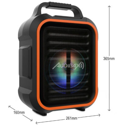Coluna portátil preta com moldura laranja e luz LED colorida