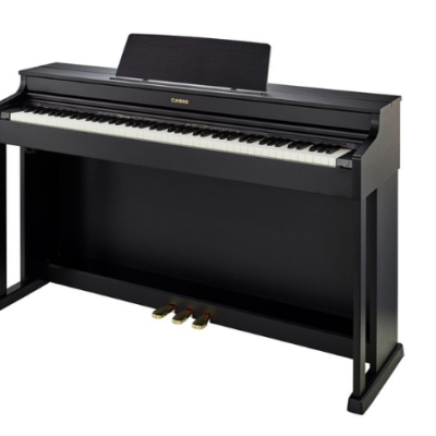 Piano digital preto CASIO com teclado e três pedais dourados