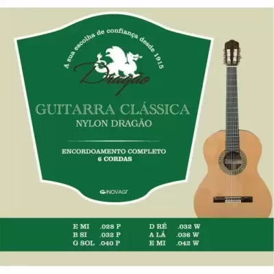 Embalagem de guitarra clássica Nylon Dragão com rótulo verde e branco e imagem da guitarra em madeira clara
