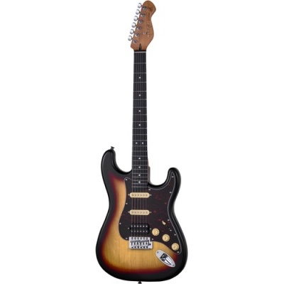 Guitarra elétrica sunburst com 6 cordas e botões dourados