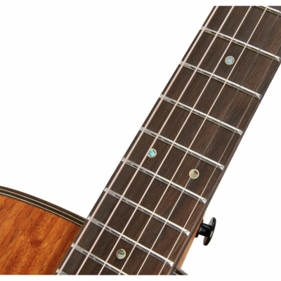 Braço de violão com trastes de metal e marcadores redondos