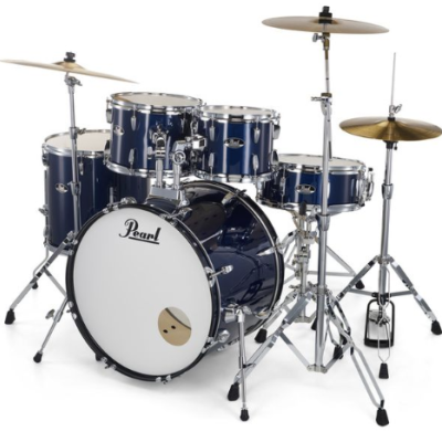 Bateria acústica azul escuro Pearl com pratos e ferragens prateadas