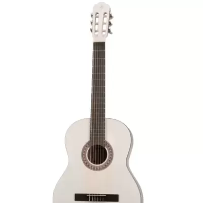 Guitarra clássica branca com roseta decorativa e tarraxas metálicas