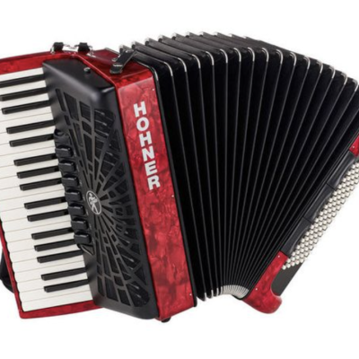 Acordeão Hohner vermelho com teclado e botões