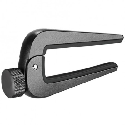 Capotraste de guitarra preto com botão de aperto texturizado.