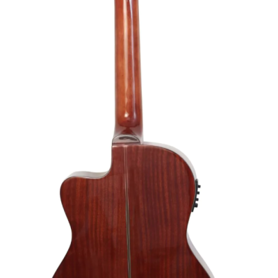 Guitarra clássica de madeira castanha escura vista de costas