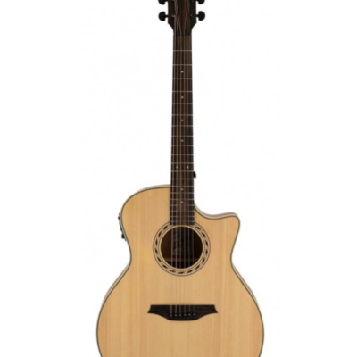 Guitarra acústica natural com braço escuro e logótipo Fender
