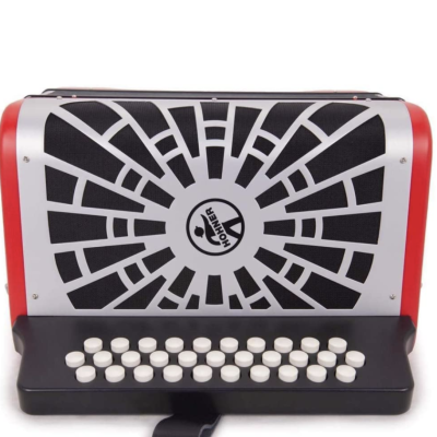 Acordeão vermelho com teclado preto e botões brancos, marca Hohner