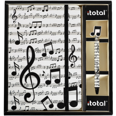 Conjunto de caderno e caneta com padrões musicais e embalagem com marca itotal