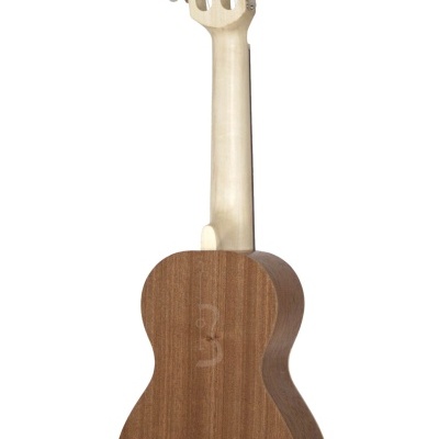 Ukulele de madeira visto de trás com fundo branco