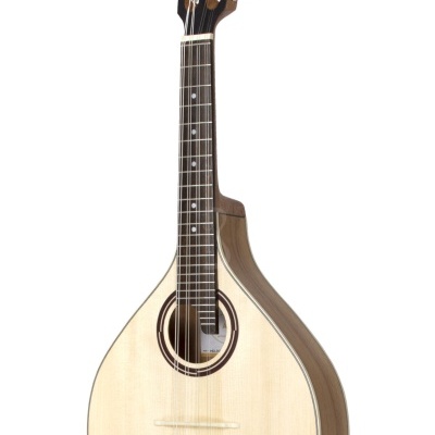 Mandolina musical com corpo em madeira clara e escura, 8 cordas e caixa em forma de pêra