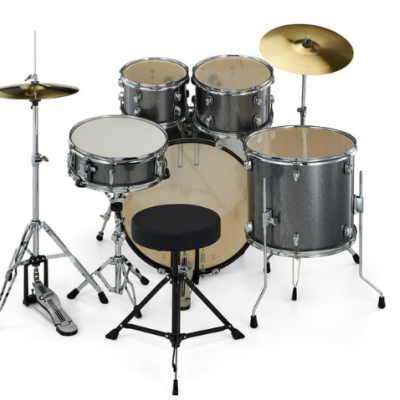 bateria musical cinza metálica com tambores e pratos dourados
