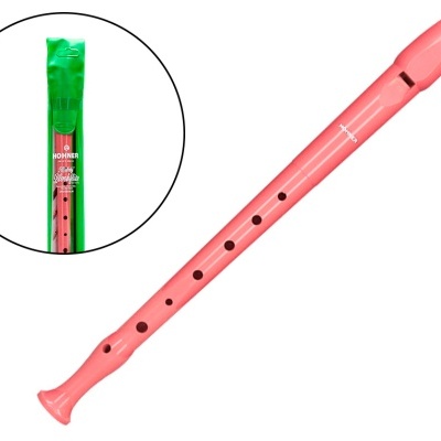 Flauta doce rosa com embalagem verde