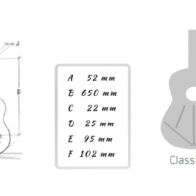 Desenho técnico de guitarra clássica com medidas e esquema de som