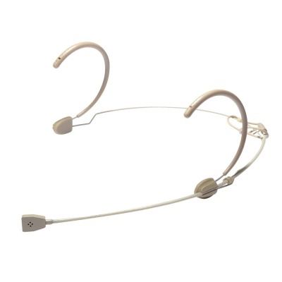 Microfone headset beige com suporte atrás da cabeça e microfone com grelha