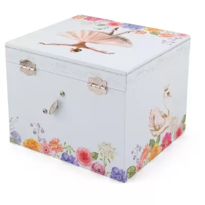 Caixa musical decorada com bailarina, cisne e flores coloridas