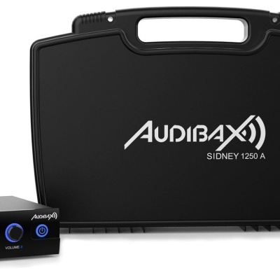 Sistema de microfone sem fios AUDIBAX SIDNEY 1250 A com duas antenas e estojo preto.