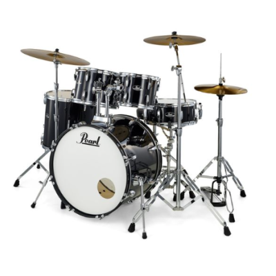 Bateria acústica preta com tambores e pratos metálicos dourados