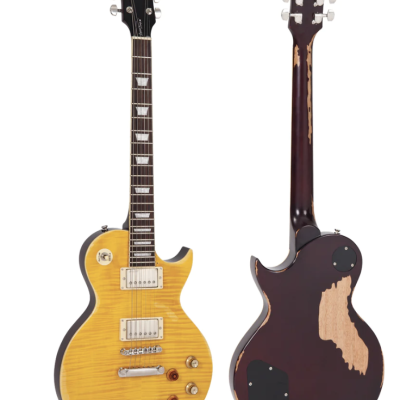 Guitarra elétrica amarela com partes em madeira escura e marca 'Vintage' no cabeçote