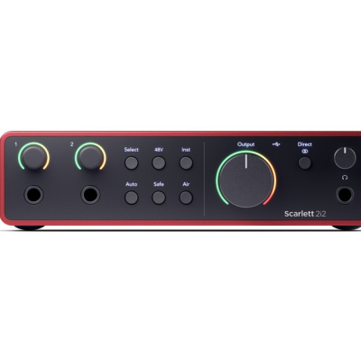 Interface de áudio Scarlett 2i2 vermelha com botões e entradas