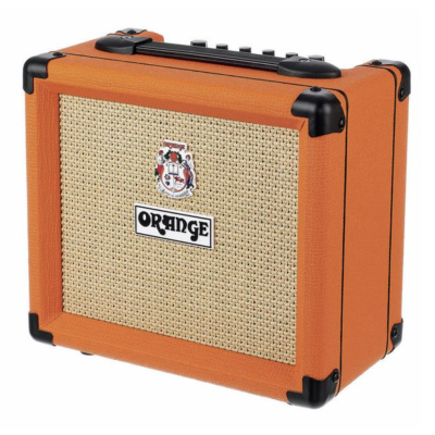 Amplificador de guitarra portátil laranja com grelha bege e logotipo Orange