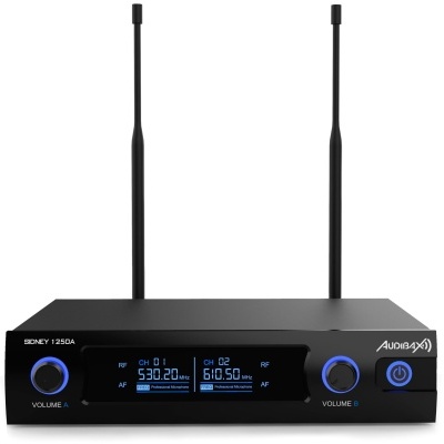 Receptor de microfone wireless preto com antenas e display digital azul