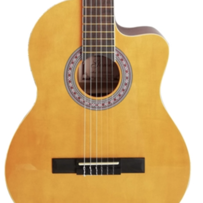 Guitarra clássica de madeira clara com seis cordas e escudo decorativo