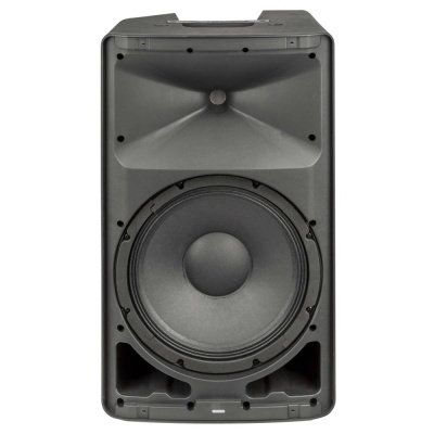 Coluna de som preta com altifalante grande circular e tweeter trapezoidal