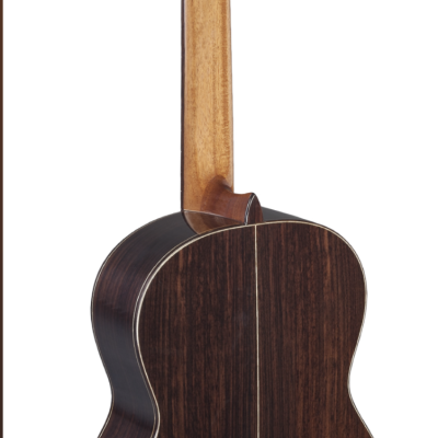 Guitarra clássica vista de costas, madeira escura e clara, cravelhas brancas