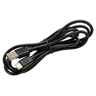 Cabo USB tipo A para tipo C preto enrolado sobre fundo branco