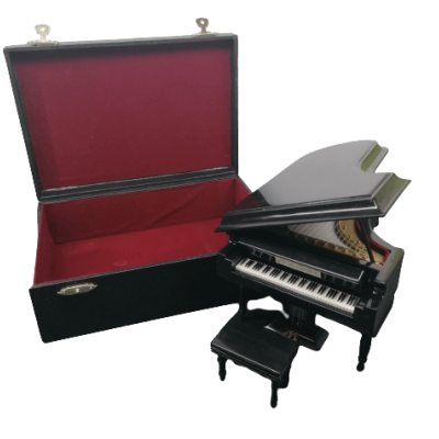 Miniatura de piano de cauda preto com banco e caixa forrada a vermelho