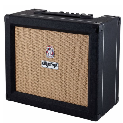 Amplificador de guitarra preto com frente em tecido bege e logo Orange
