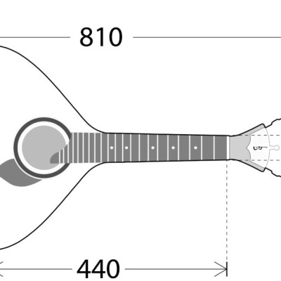 Desenho técnico de uma guitarra portuguesa com medidas em milímetros.