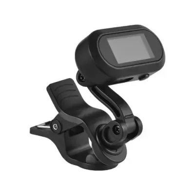 Aparelho digital preto com visor num suporte de mola, fundo branco