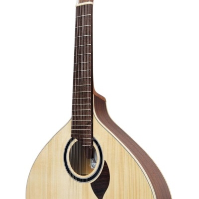 Bandolim acústico em madeira clara e escura com 8 cordas e cabeça esculpida