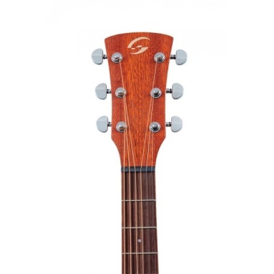 Cabeça e braço de guitarra acústica em madeira castanha com afinadores metálicos cromados