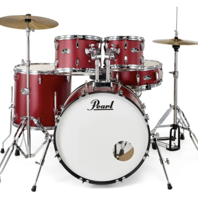 Bateria acústica Pearl vermelha fosca com bumbo branco e cimbais metálicos