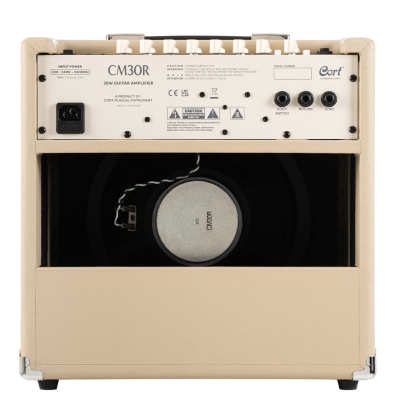 Amplificador de guitarra Cort CM30R bege visto de trás com coluna e painel de controlo