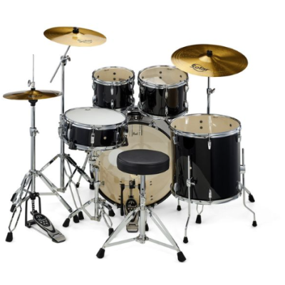 Conjunto de bateria musical preto com pratos dourados e banco acolchoado