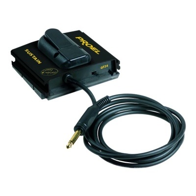Pedal sustain PROEL GF24 preto com texto amarelo, cabo e conector jack